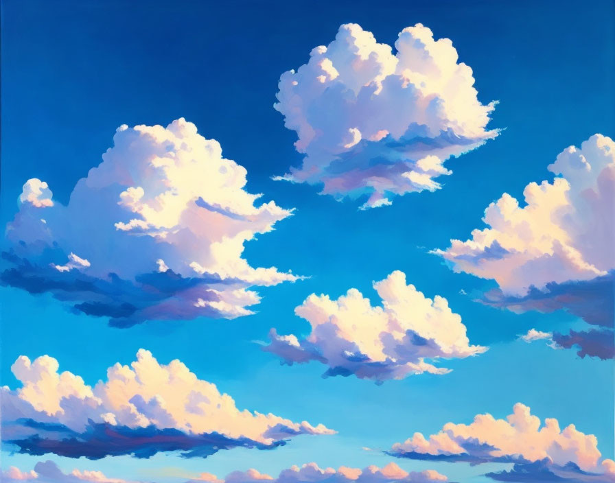 White fluffy clouds against vibrant blue sky with soft shadows and ethereal glow