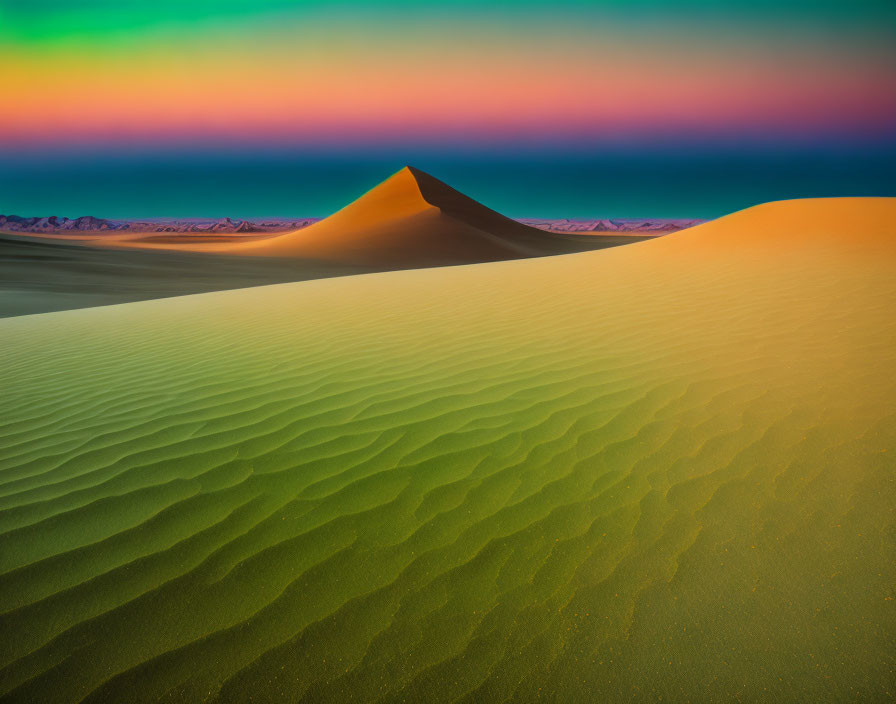 Colorful Sunset Hues on Smooth Sand Dunes and Tranquil Sky