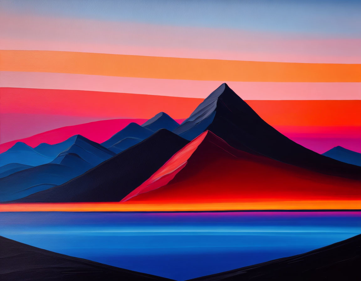 Colorful painting of stylized mountain silhouettes against gradient sunset sky and reflective water