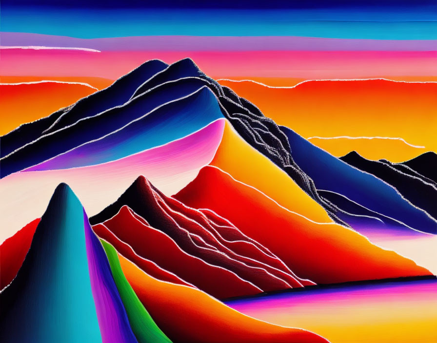 Colorful Stylized Mountain Artwork with Neon Spectrum on Sunset Sky