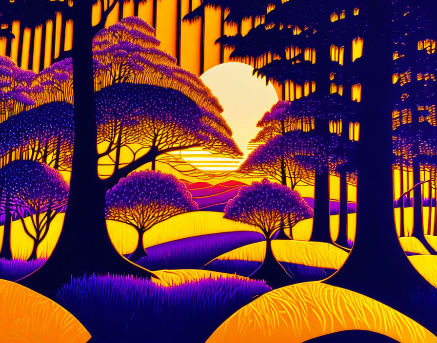 Colorful digital artwork of a sunset forest scene with silhouetted trees and purple sky