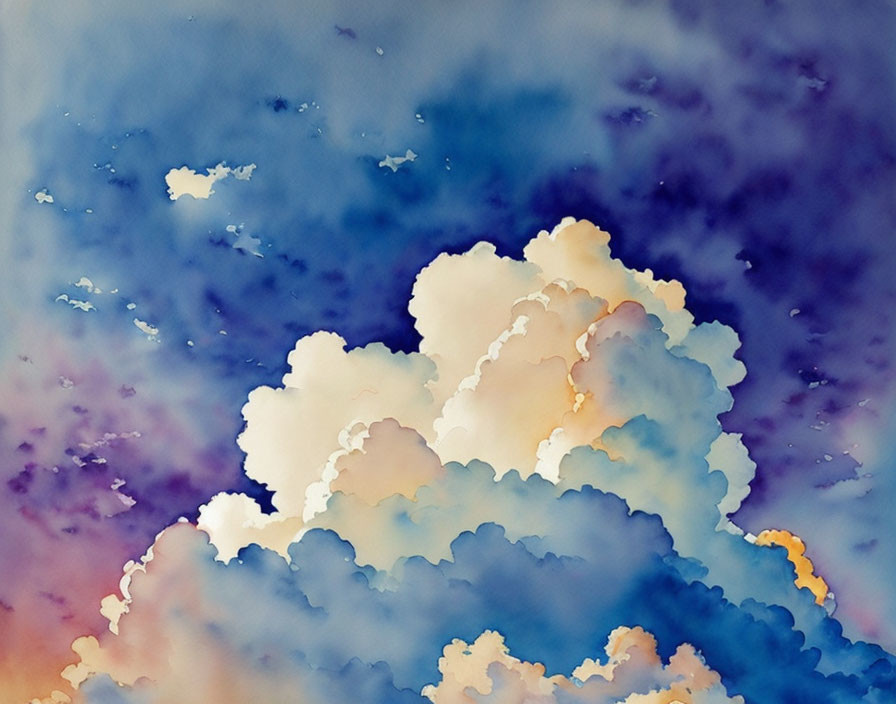 Gradient Sky Watercolor Painting with Fluffy Clouds in Blue, Purple, and Warm Tones