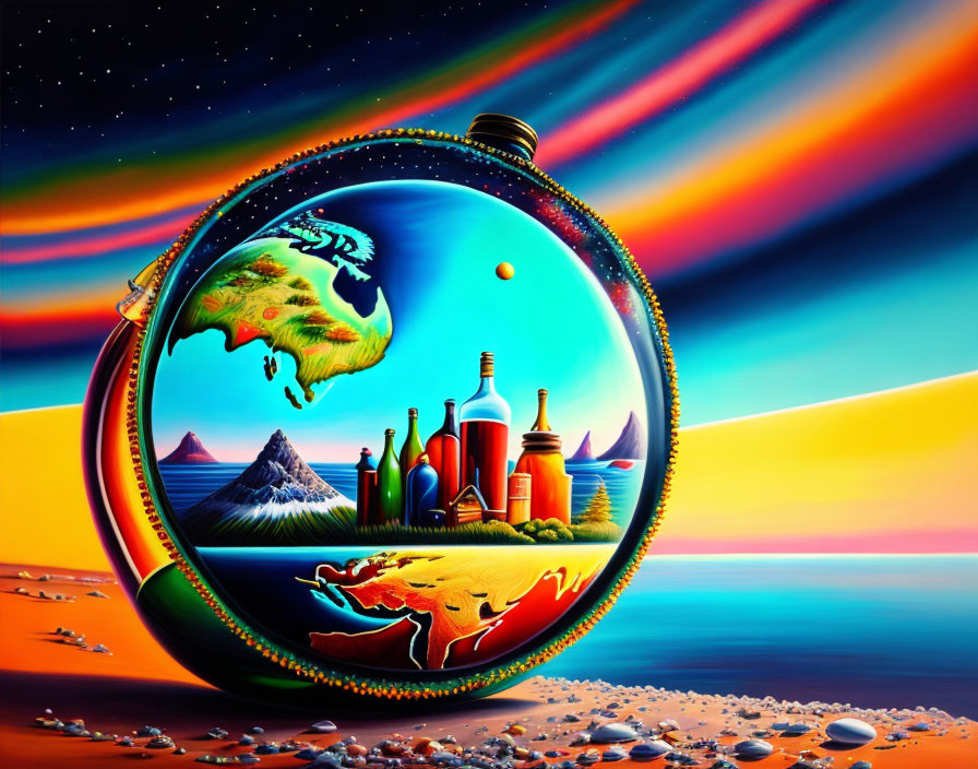 Surrealistic Image: Transparent Flask with Mini Planet & Colorful Landscapes