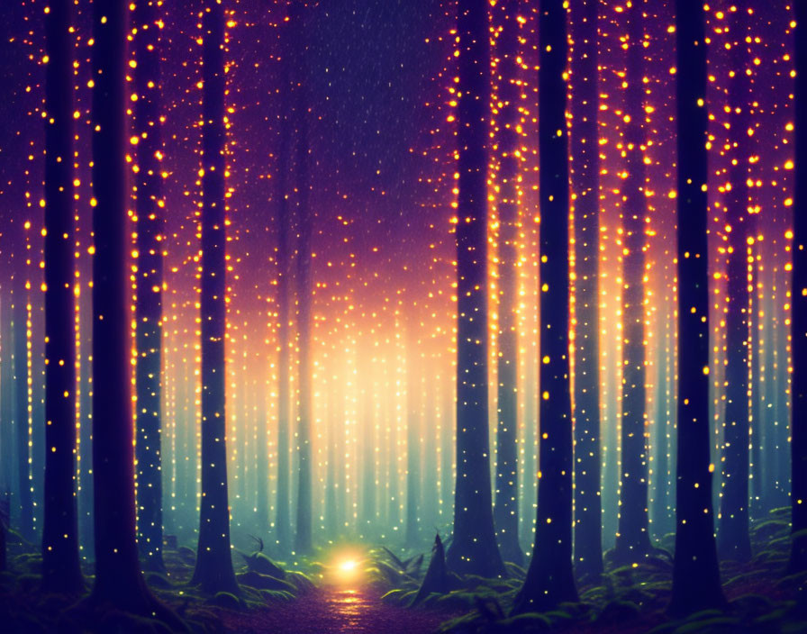 Enchanted forest with tall trees and glowing lights