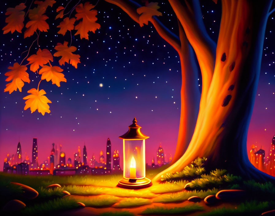 Glowing lantern under starry sky by autumn tree and city skyline