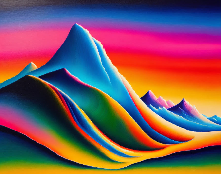 Colorful stylized mountains under gradient sunset sky.