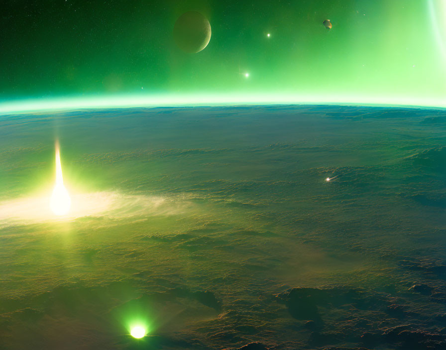 Vibrant aurora over alien planet with moons and meteors in starry sky