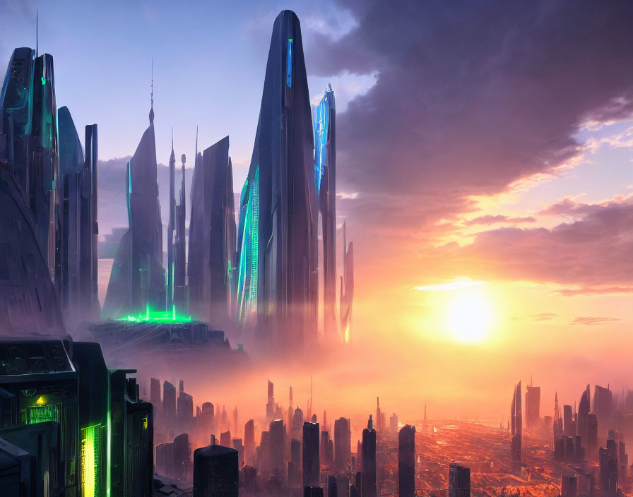 Futuristic cityscape with towering skyscrapers at sunset