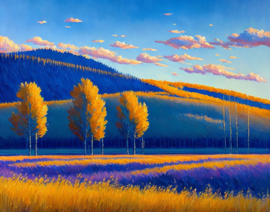 Vibrant landscape with golden aspen trees, lavender field, pine hill, and blue sky