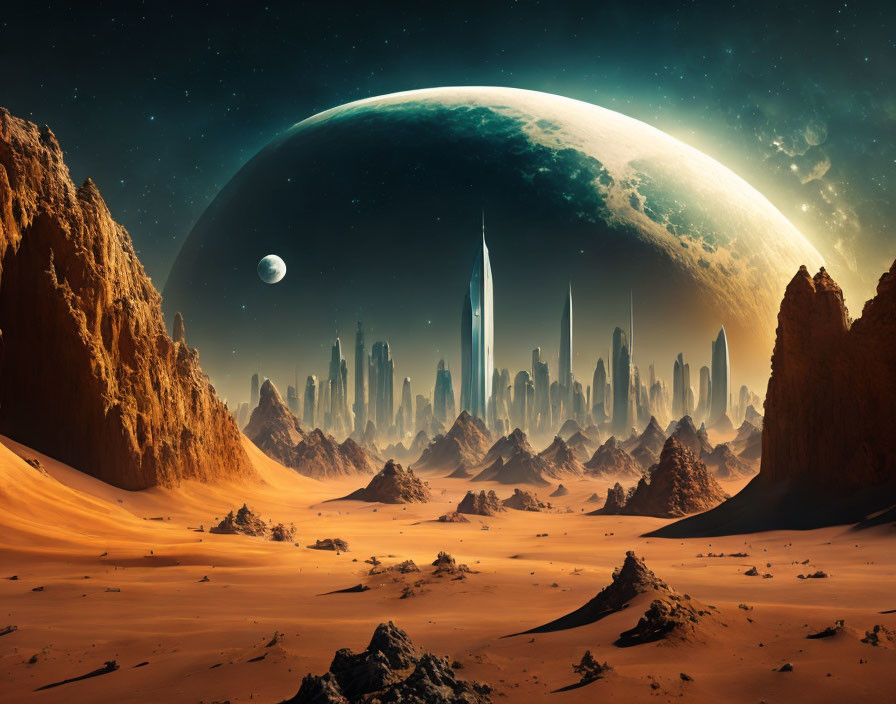 Futuristic desert cityscape under massive planet and moon