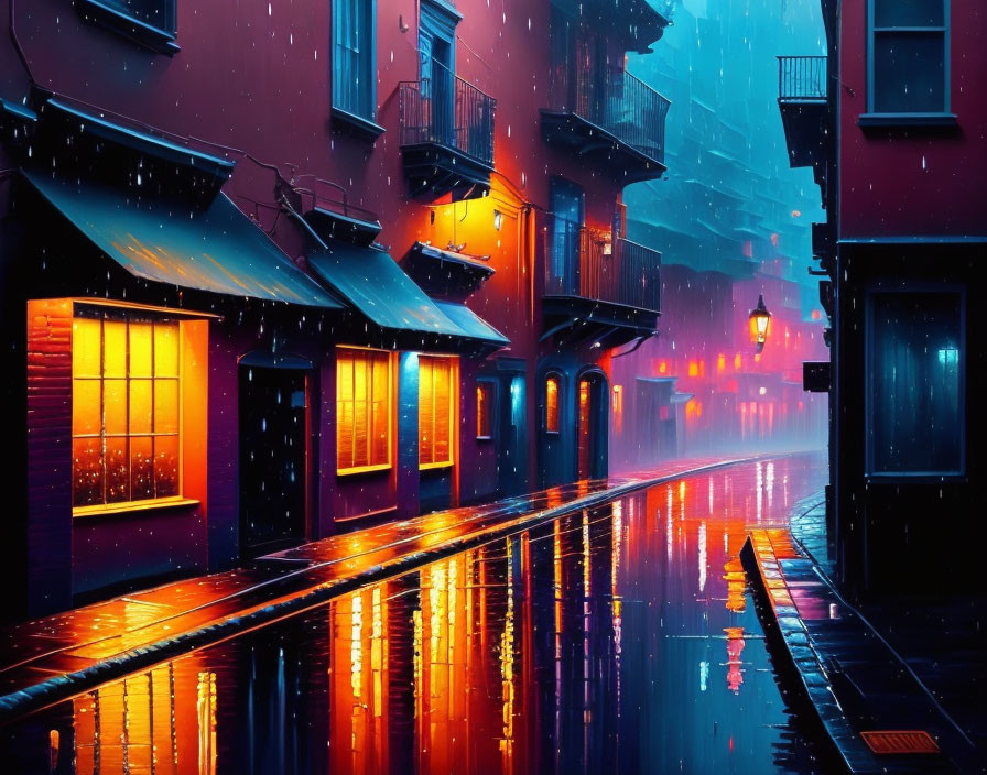 Cityscape: Rainy Evening with Reflecting Street Lights and Colorful Buildings