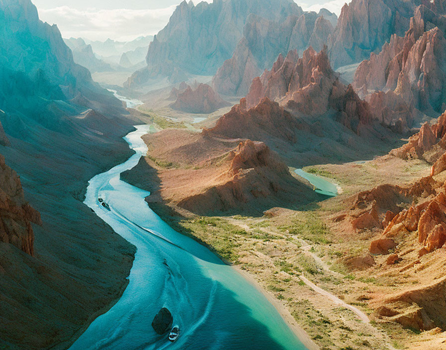 Winding River in Rugged Canyon with Red Cliffs