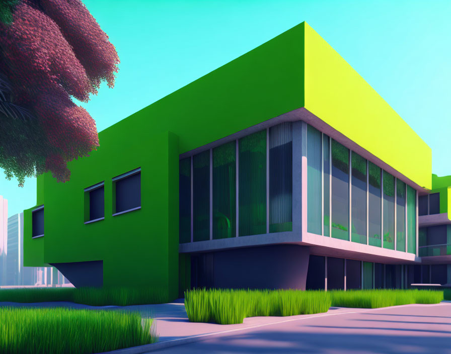 Modern green building with large windows in lush natural setting