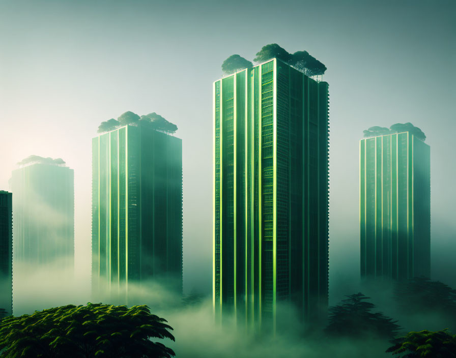 Urban skyscrapers with misty greenery atop in serene setting