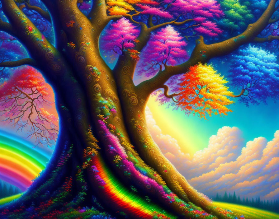 Colorful Tree with Multicolored Leaves in Whimsical Landscape