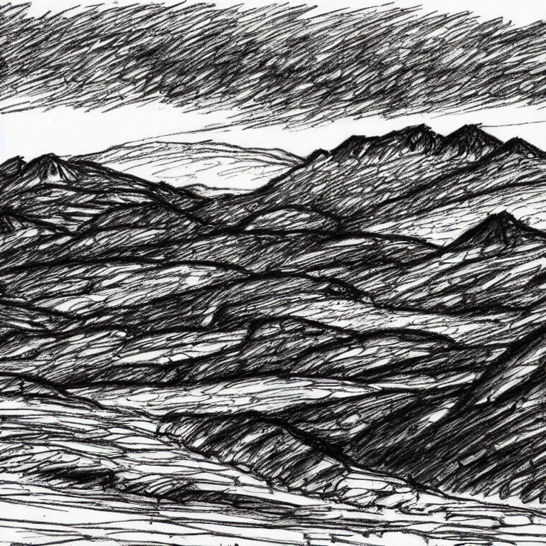 Detailed pen-and-ink drawing of layered mountain ranges with textured strokes and rugged terrain under a dark sky