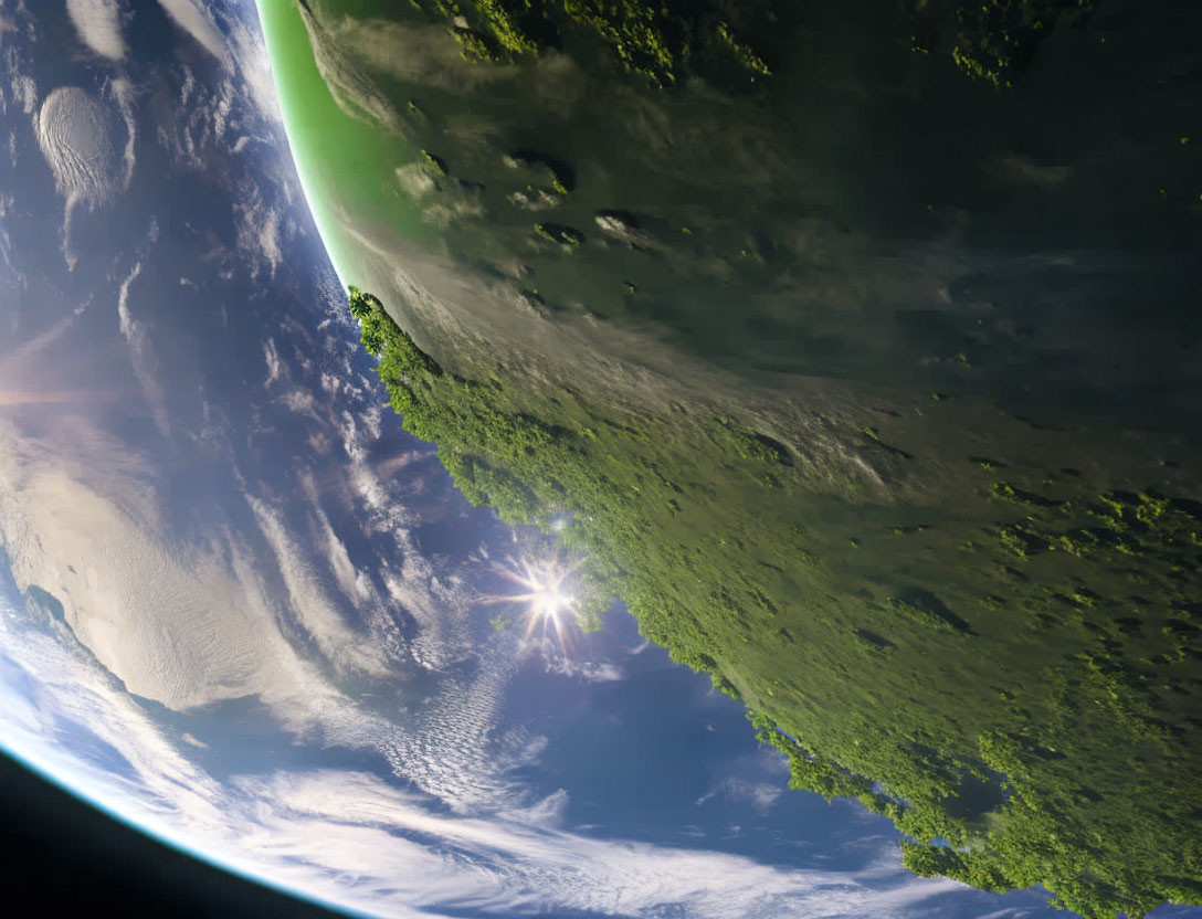 Curved Earth from Space with Sun Glare, Clouds, and Landmasses