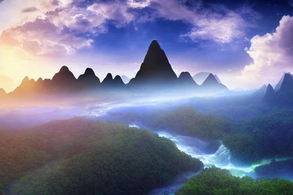 Majestic mountain peaks and lush forest river landscape