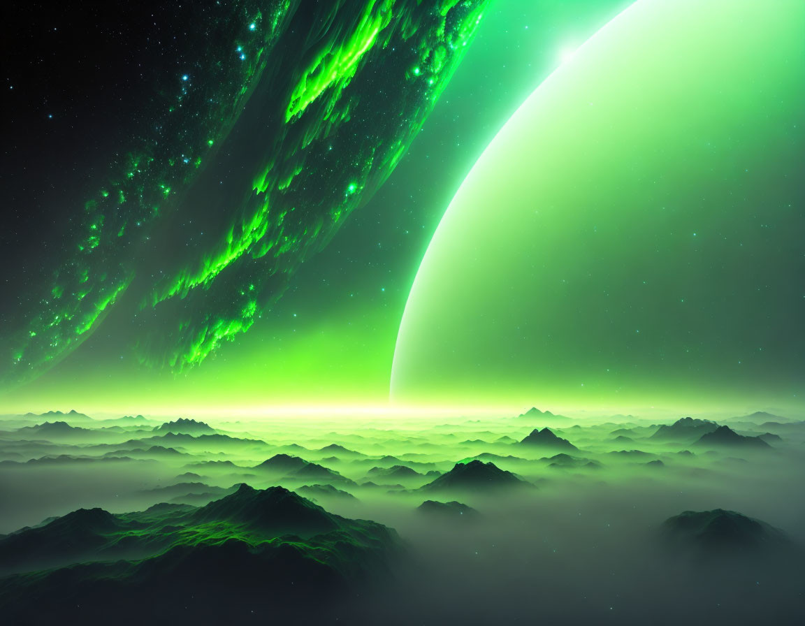 Surreal landscape with rolling hills under green aurora