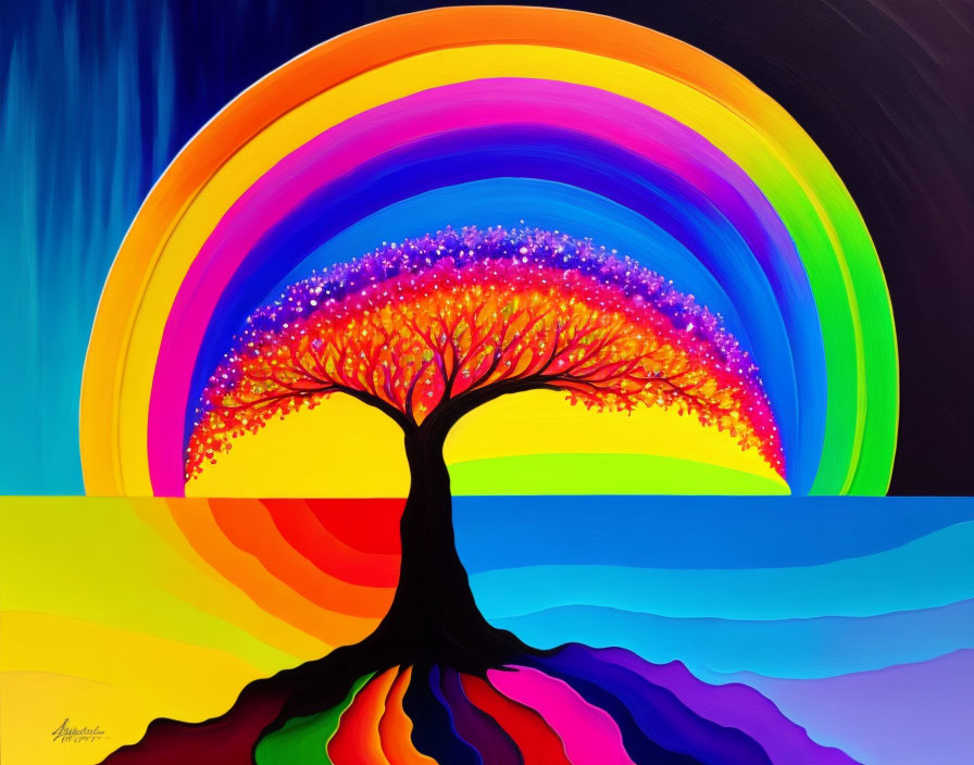 Colorful tree painting under rainbow on dark sky with waves