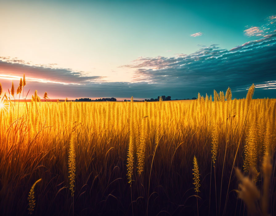 Golden wheat field at sunset under vibrant blue sky.