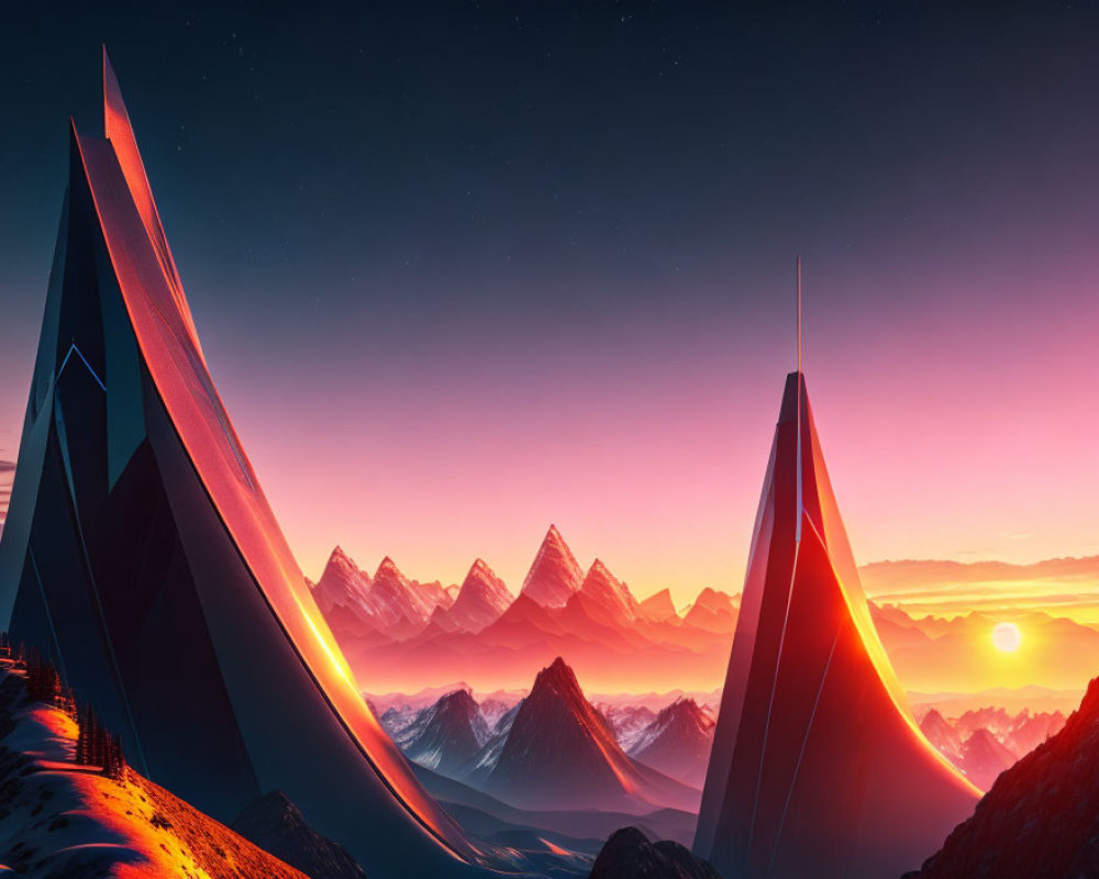 Futuristic sharp structures in surreal mountain landscape at sunrise.