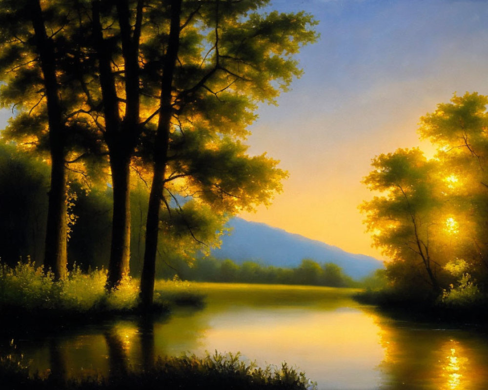 Tranquil river scene at sunset with trees, water reflections, and distant mountain.