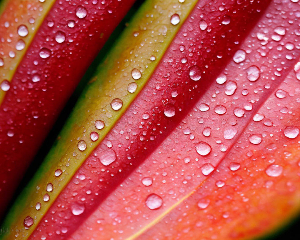 Vibrant multicolored plant leaves with water droplets in close-up