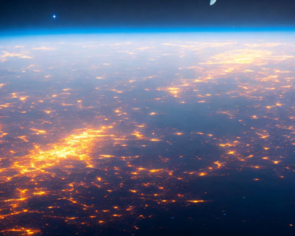 Night view from space: Earth's curvature, city lights, moon in distance