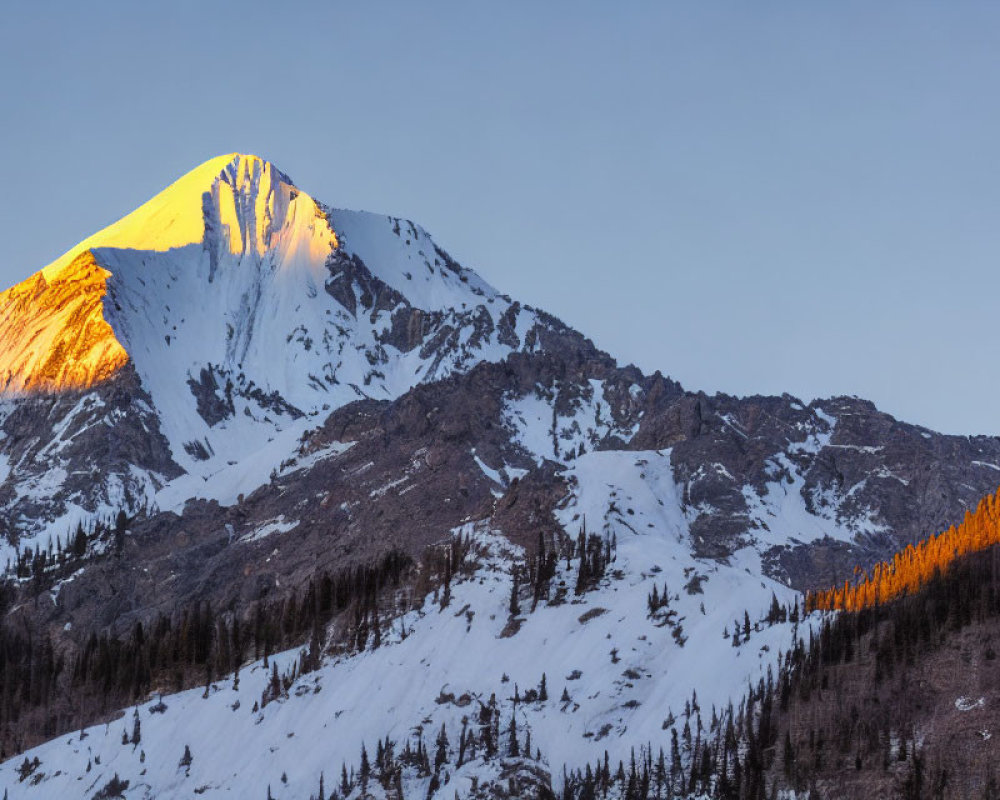 Snow-Capped Mountain Peak at Sunrise with Blue Sky