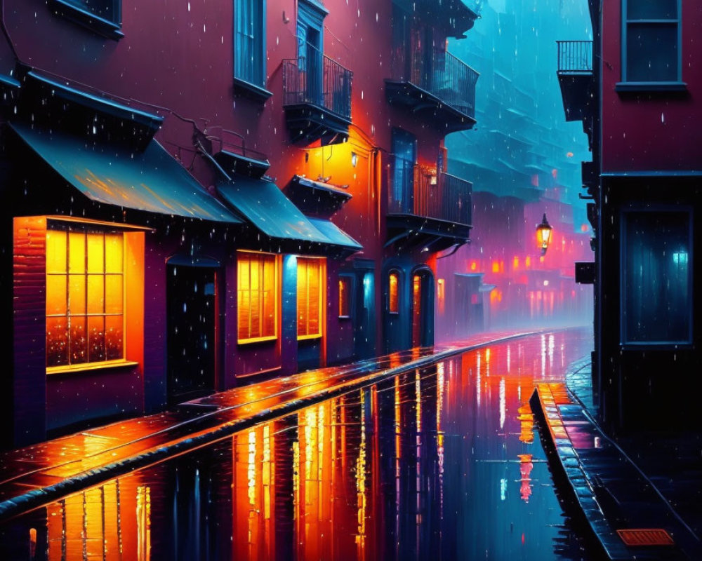 Cityscape: Rainy Evening with Reflecting Street Lights and Colorful Buildings