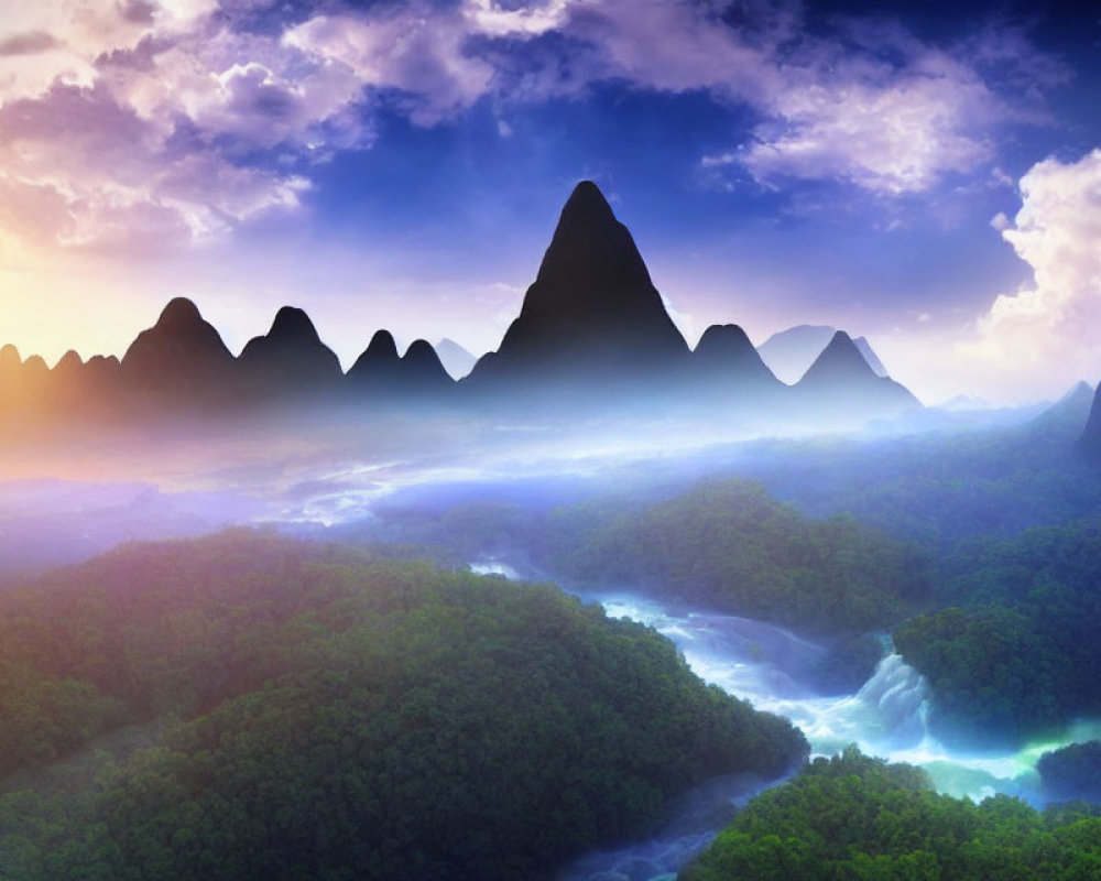 Majestic mountain peaks and lush forest river landscape