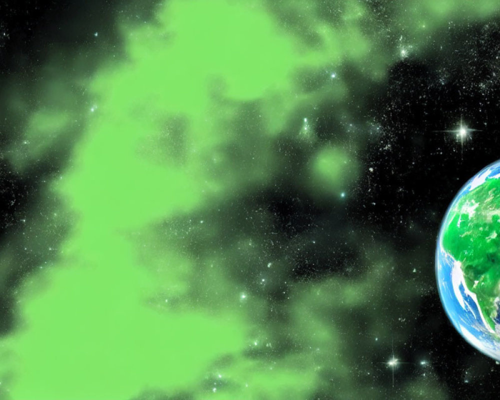 Earth from space with green nebula and stars in background