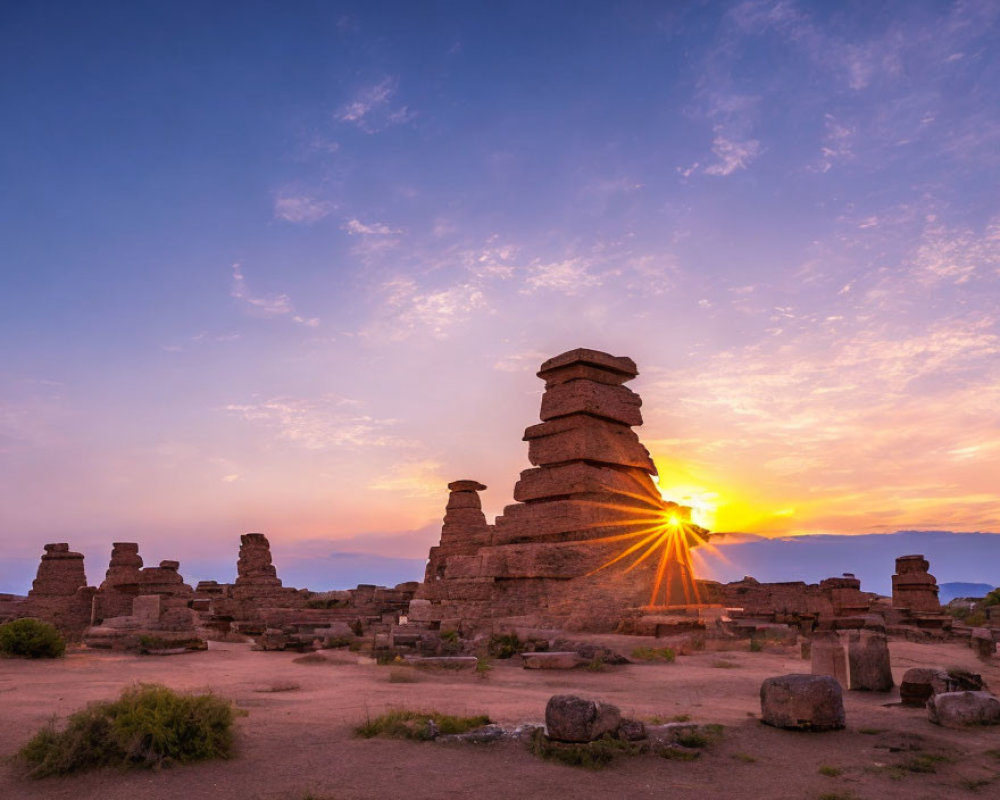 Ancient stone ruins silhouette at vibrant sunset with starburst effect.