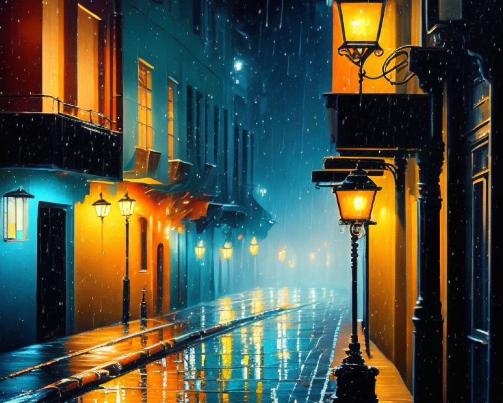 Rain-soaked Night Street with Golden Streetlights