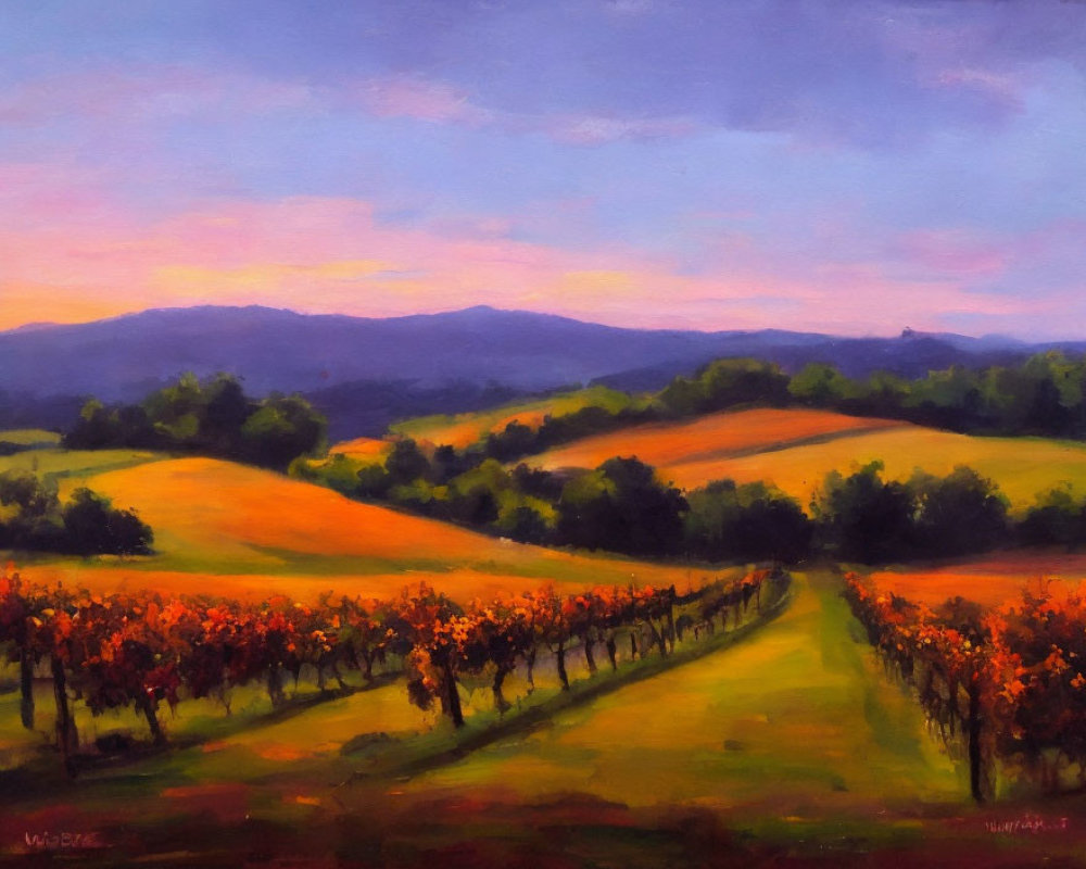 Sunset over rolling vineyard hills oil painting with warm hues