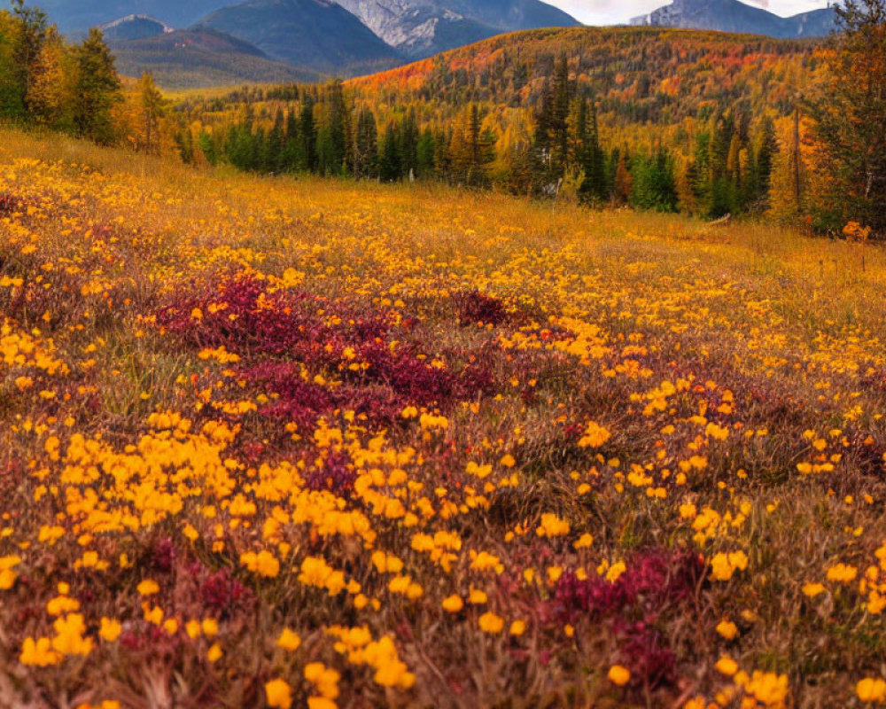 Vibrant autumn landscape with yellow and red foliage, trees, and mountains under a cloud-streak