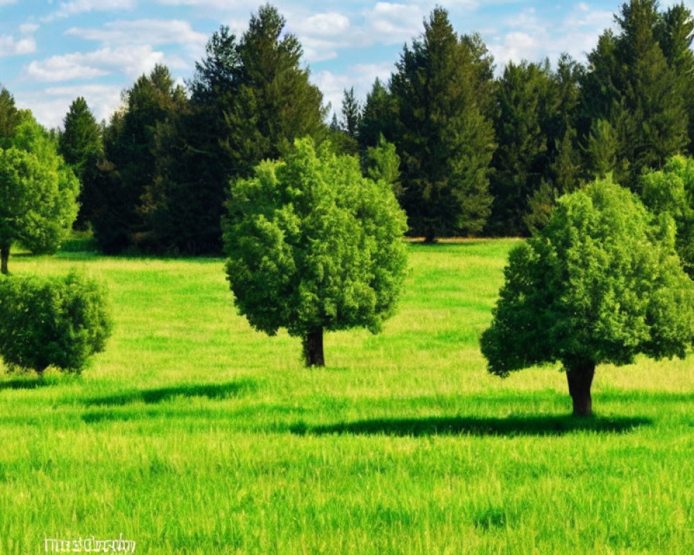 Serene landscape: green meadow, three trees, blue sky, clouds, forest.