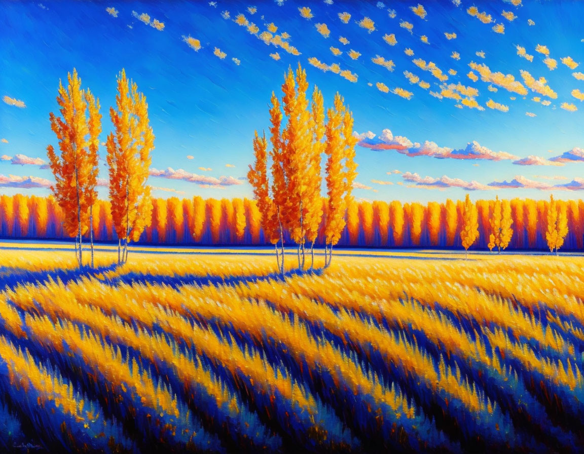 Golden-leaved trees in vibrant autumn landscape painting