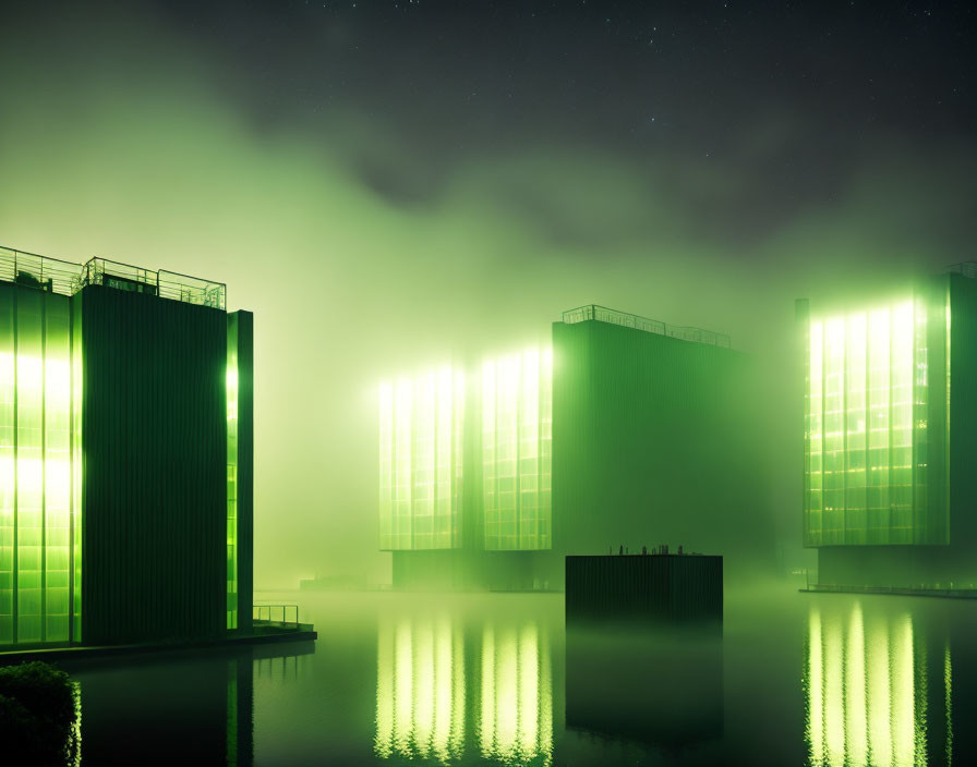 Futuristic green-lit buildings reflected in water at night