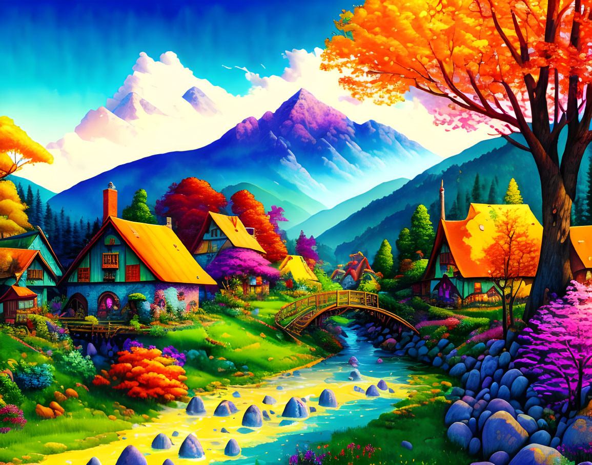 Colorful landscape with houses, stream, bridge, trees, and mountains