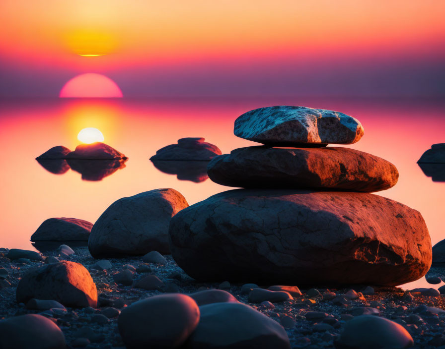 Tranquil sunset landscape with stacked stones by calm lake