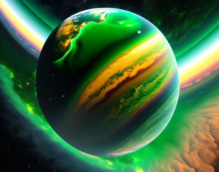 Colorful digital artwork: Earth-like planet with green auroras in space nebula