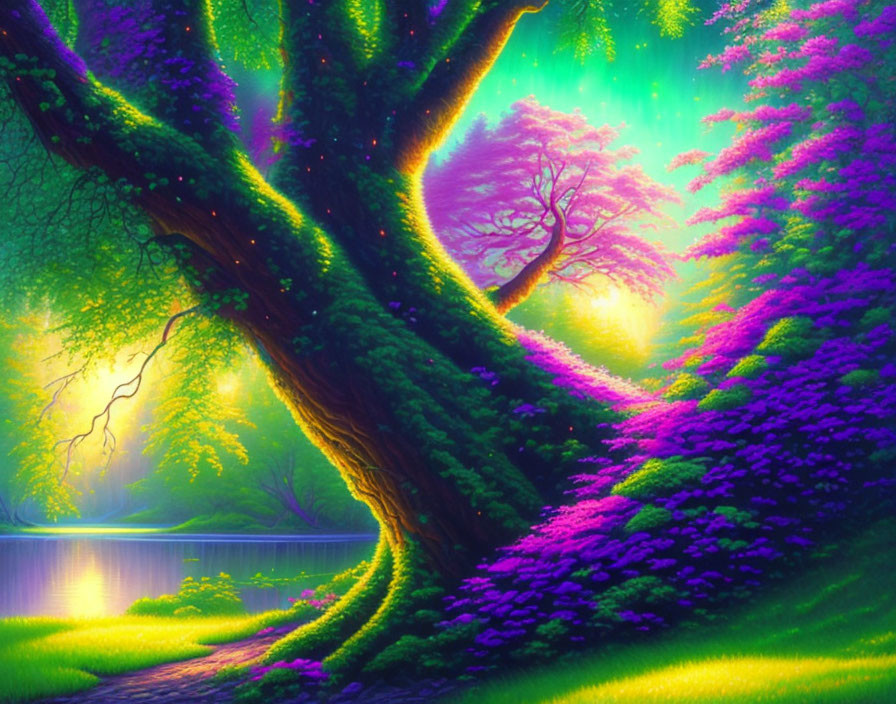 Majestic tree in vibrant fantasy landscape by serene lake