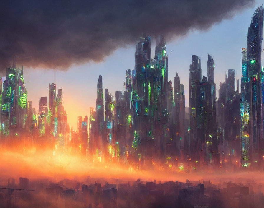 Futuristic cityscape with orange glow, skyscrapers, green lights, and mist.