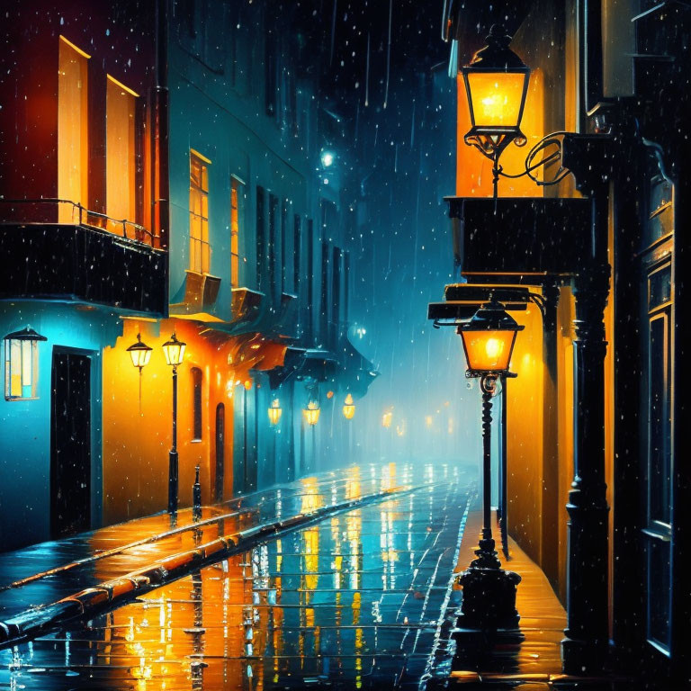 Rain-soaked Night Street with Golden Streetlights