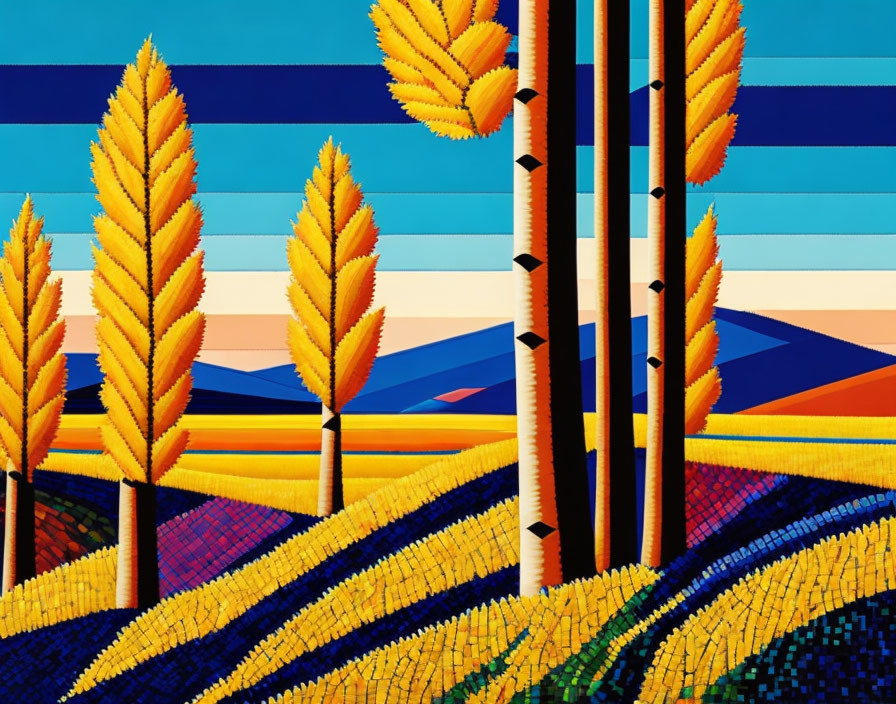 Geometric Landscape with Yellow Trees and Striped Hills