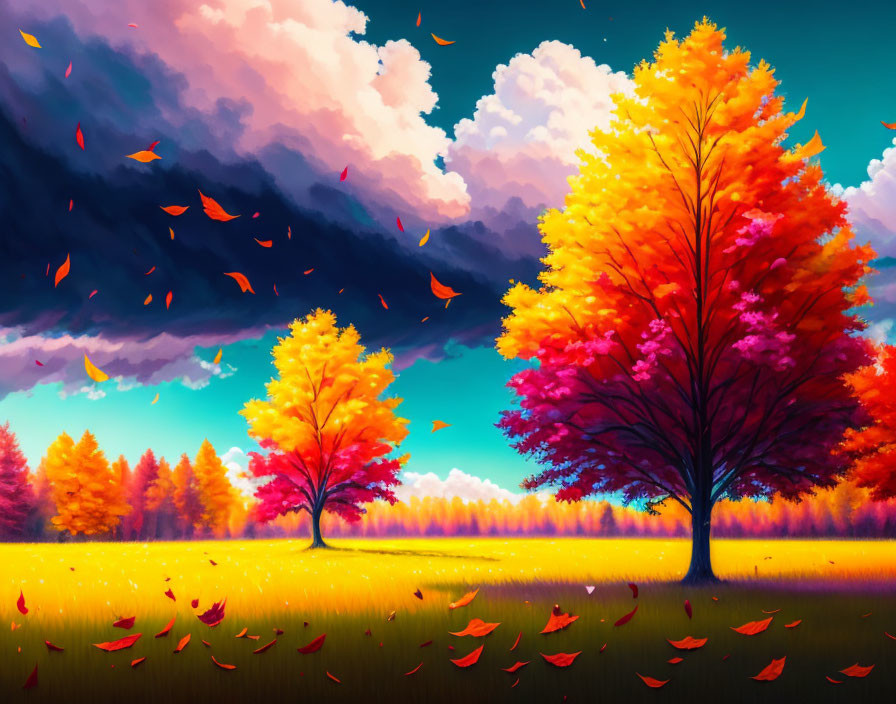 Colorful autumn trees, falling leaves, green field, dramatic sky transition.