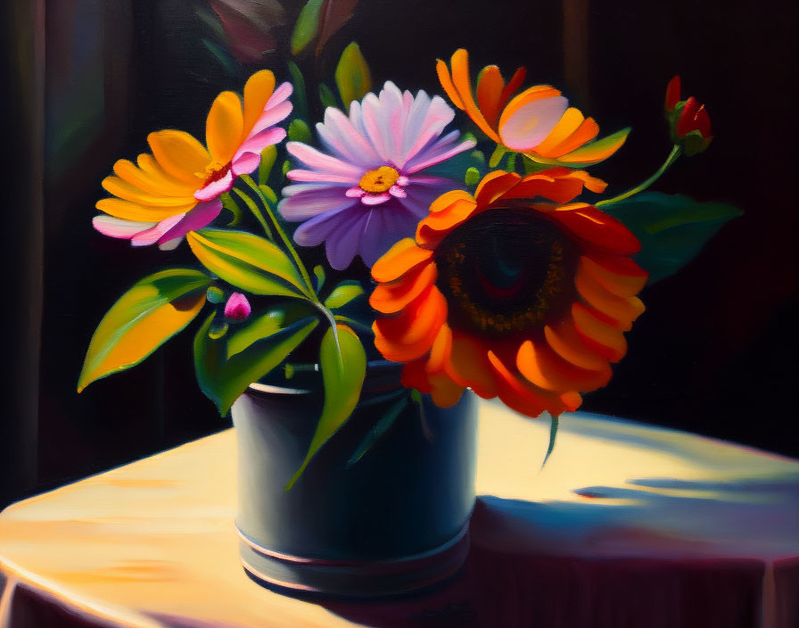 Colorful Sunflower Bouquet Still Life Painting on Table