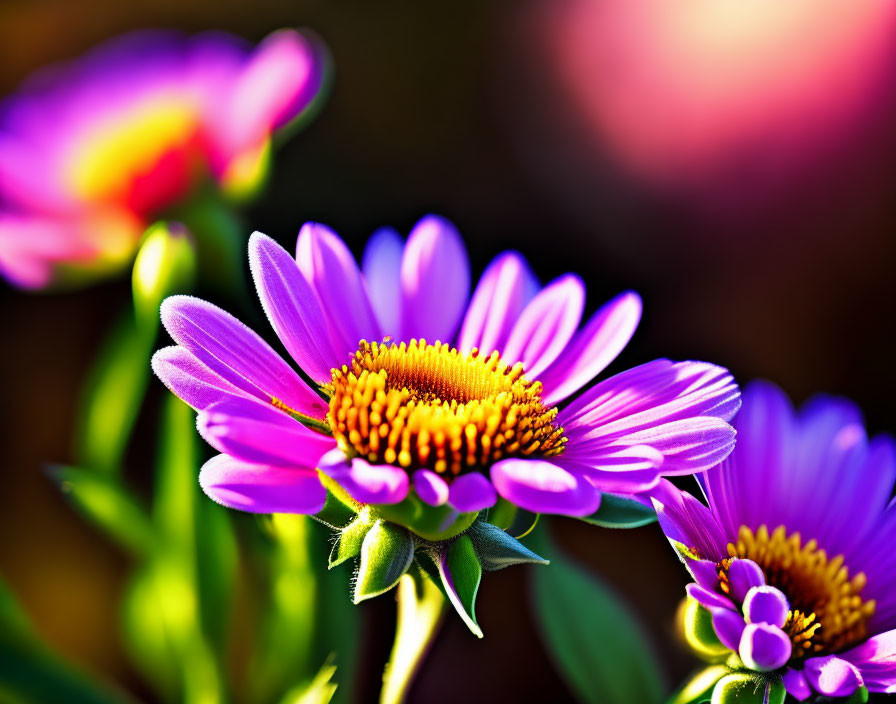 Colorful Purple Flowers with Yellow Centers on Soft-Focus Warm Background